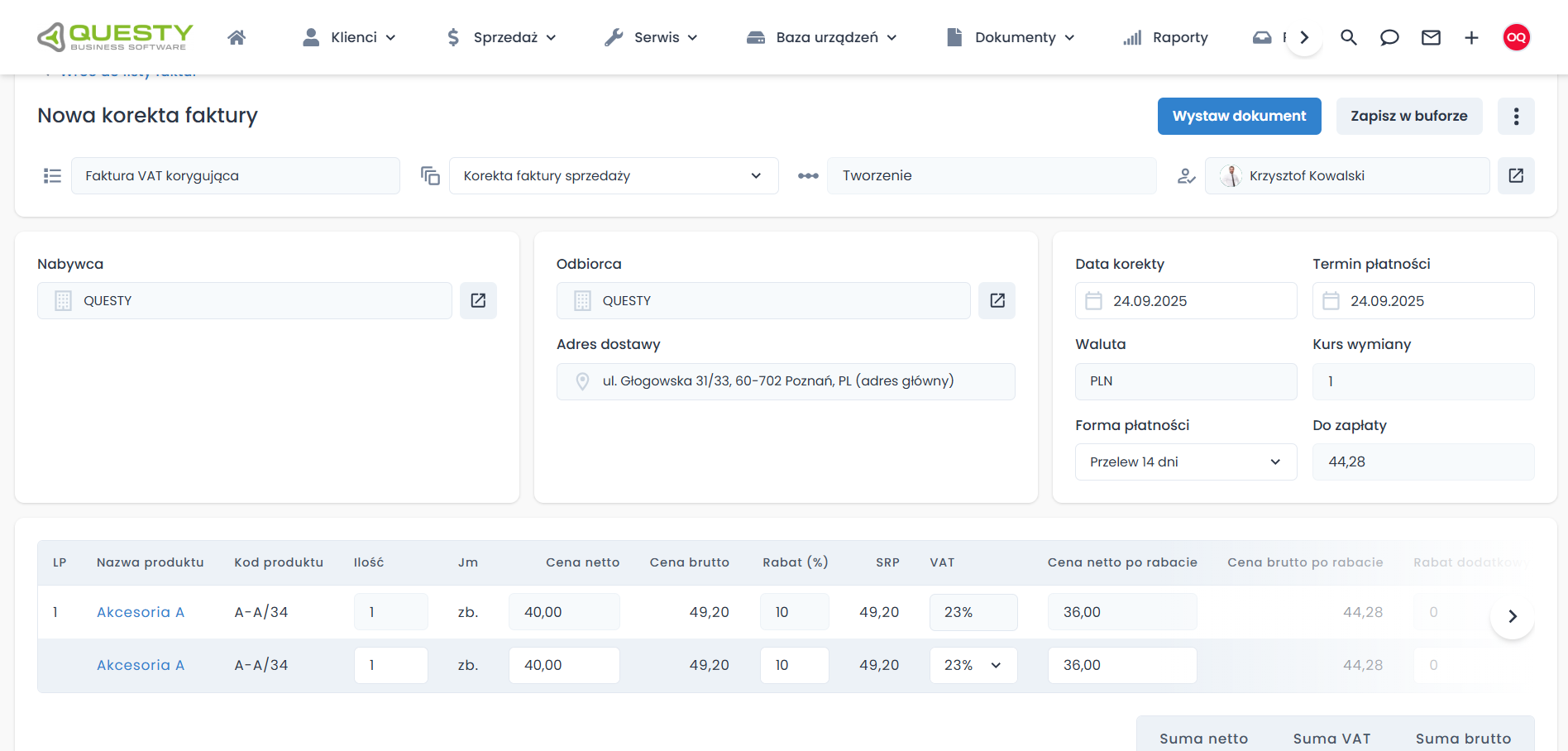 Wygląd dokumentu korekty